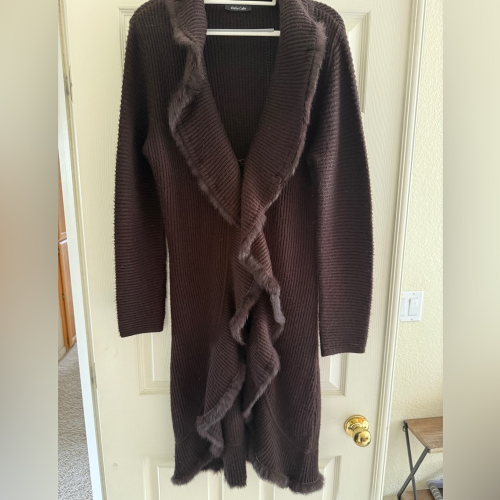 Dolce Cabo Dark Brown Ruffle-Trim Long Knit Cardigan Sweater